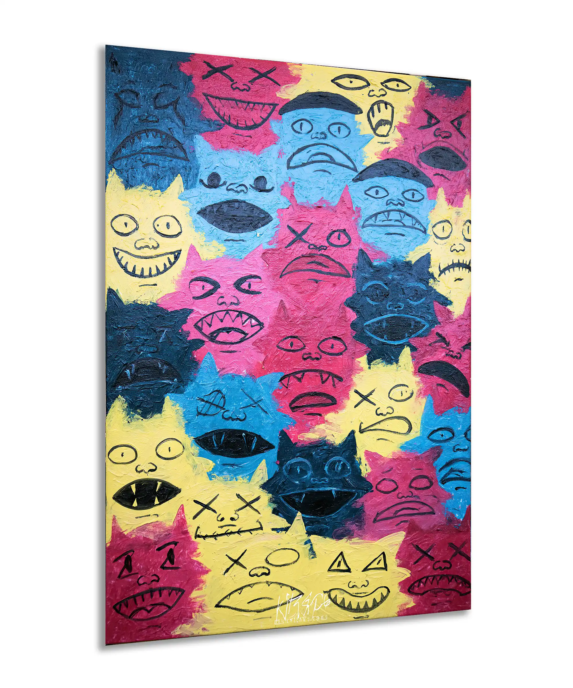 Panic Cat Poster 2 painting Angled view of the Panic Cat poster with layered neon cartoon cat faces on thick textured paint.
