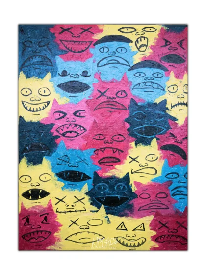 Vertical poster of cartoon cat faces in yellow, blue, pink, and black, each with wild expressions over thick textured paint.