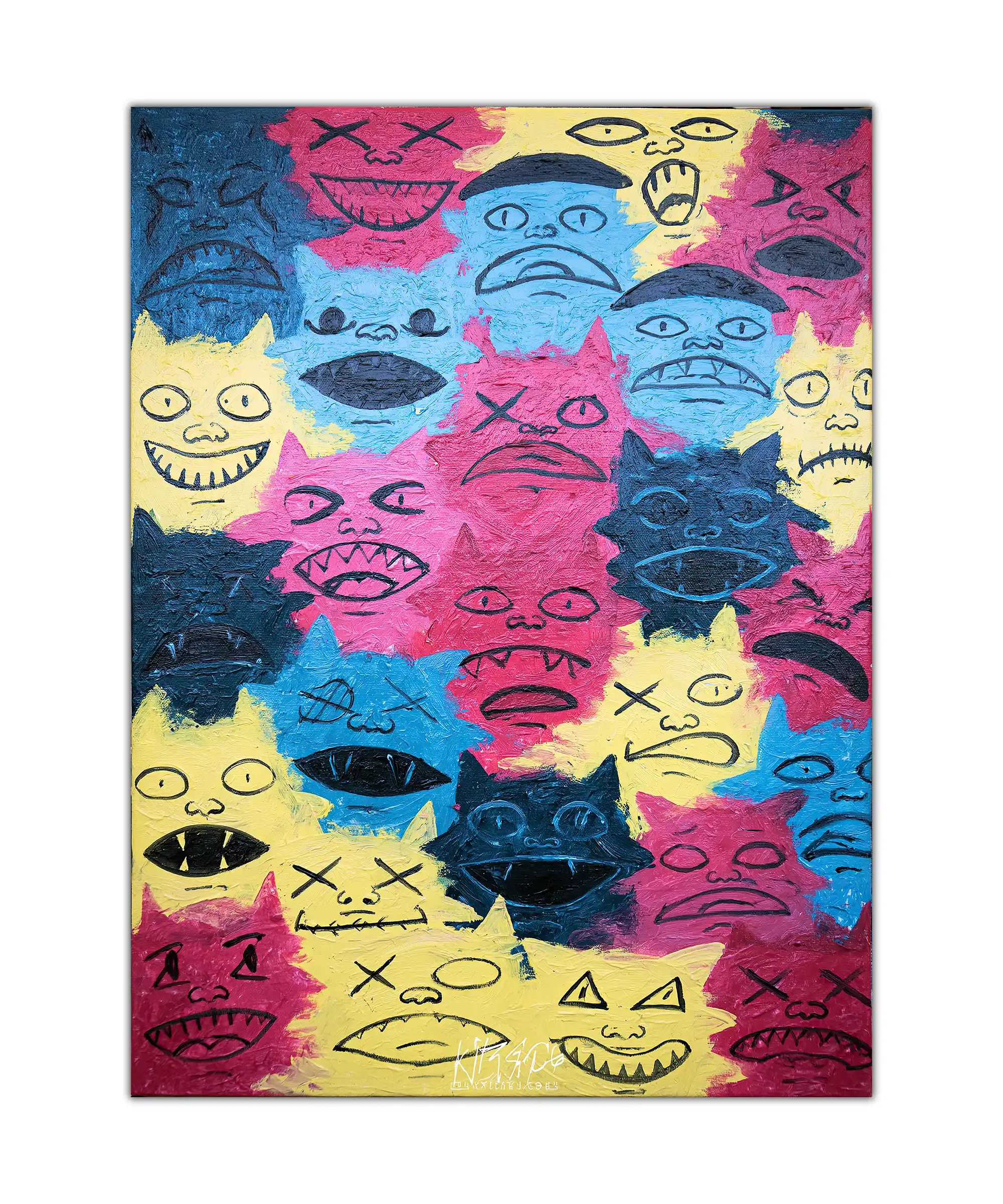 Panic Cat Poster 1 painting Vertical poster of cartoon cat faces in yellow, blue, pink, and black, each with wild expressions over thick textured paint.