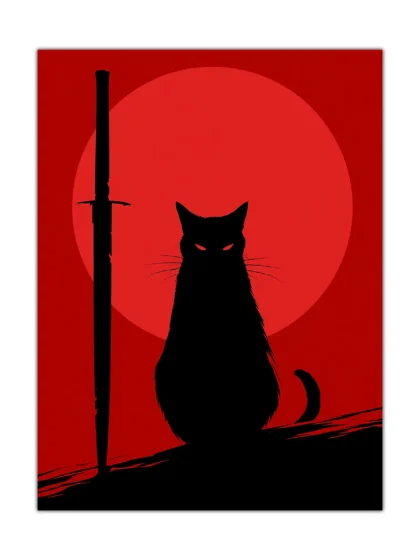 Minimalist samurai cat poster with black cat silhouette, katana sword and red sun on red background, shown as vertical wall art print.