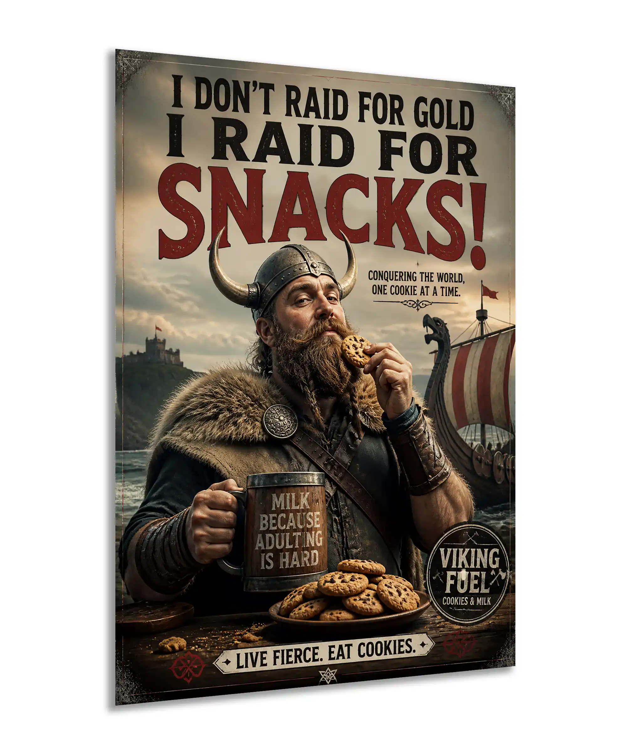 Snack Raid Viking Poster 2 painting Angled view of Viking cookie poster with armored raider, plate of cookies, milk mug, and longship in the background