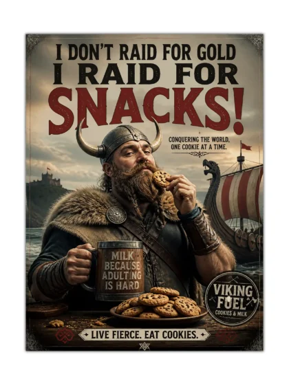 Funny Viking snack poster showing a bearded warrior eating cookies and holding a milk mug in a vintage advertisement style