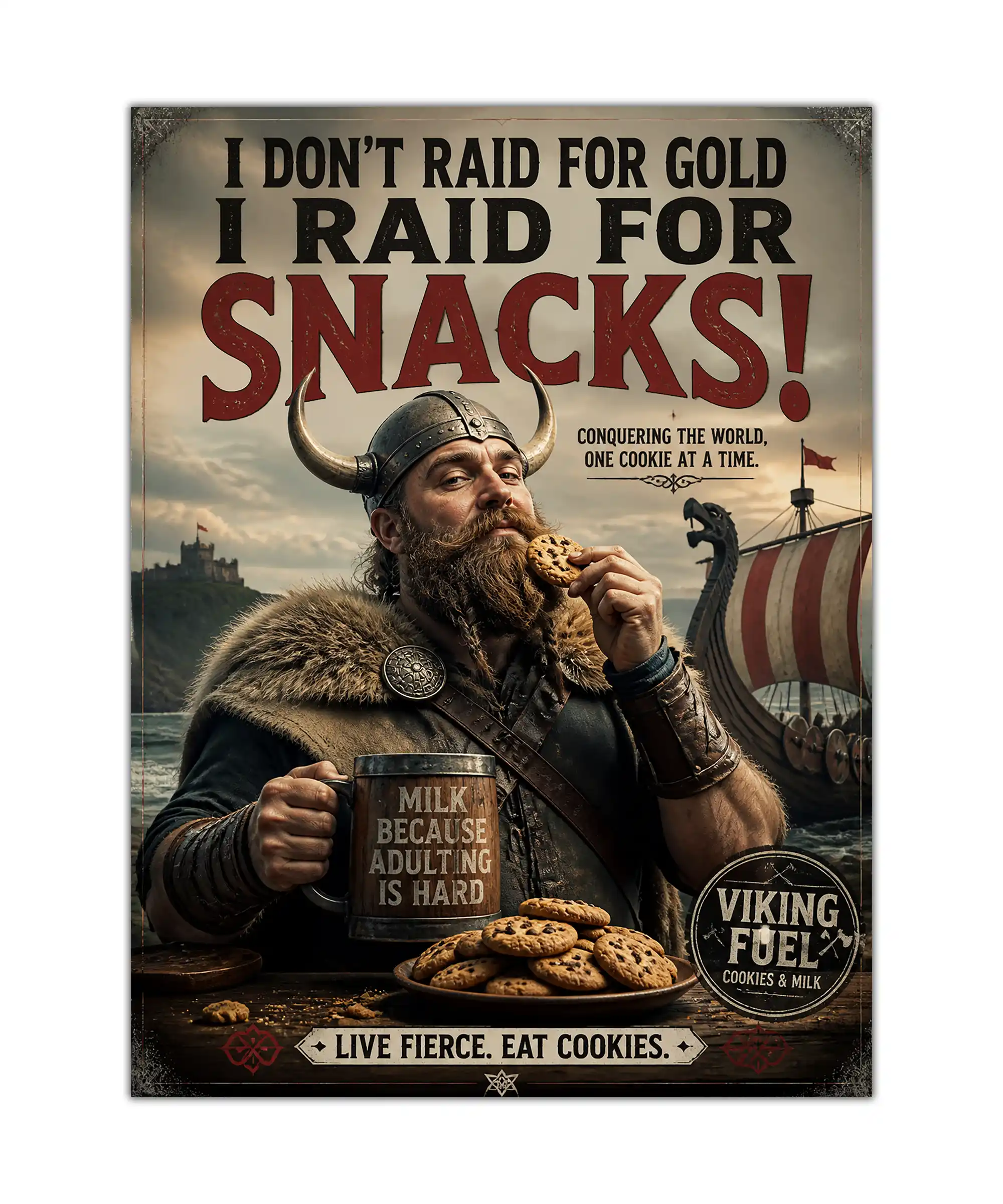 Snack Raid Viking Poster 1 painting Funny Viking snack poster showing a bearded warrior eating cookies and holding a milk mug in a vintage advertisement style