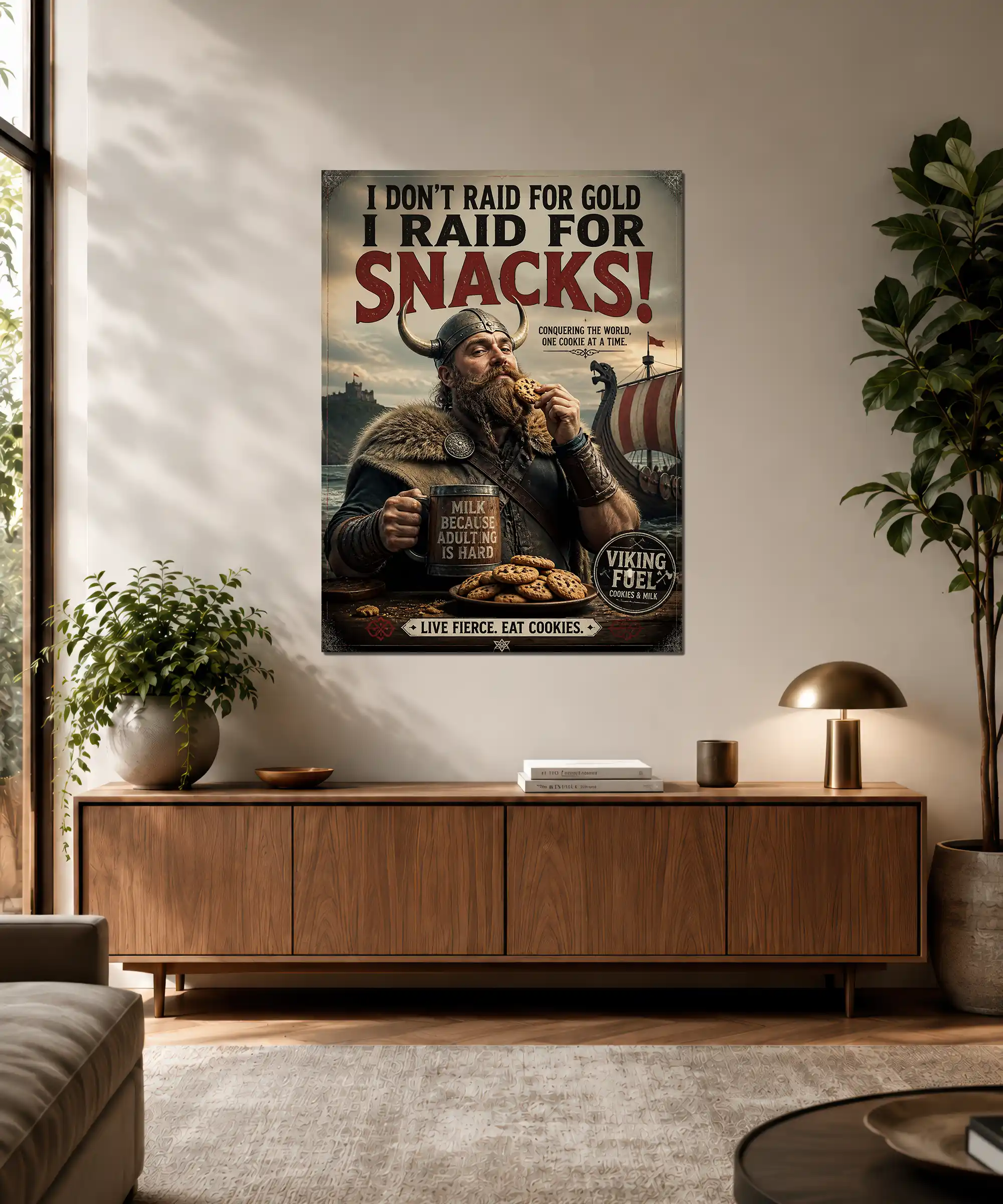 Snack Raid Viking Poster 3 painting Viking snack raid poster framed on an interior wall, showing a Viking raider choosing cookies and milk over treasure
