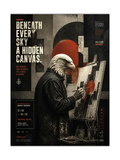 Surreal bald eagle in a coat painting at an easel on a gritty geometric background, featured as a vertical dark art poster print