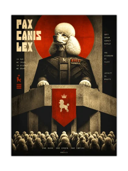 Surreal dog propaganda poster of a poodle general at a concrete podium addressing an army of poodles