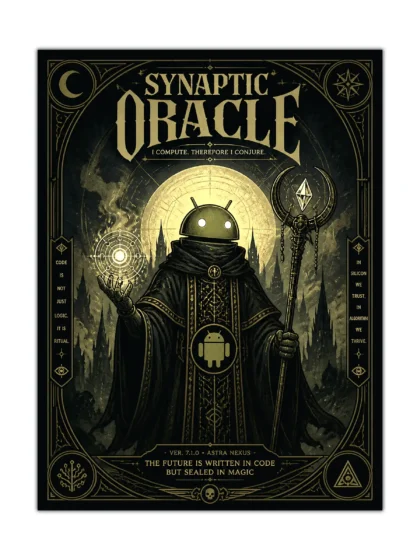 Dark gold and black poster of a robed robot oracle with halo, glowing sigil, and staff in a gothic tech-magic style