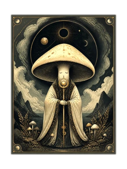 Front view of surreal mushroom priest poster with robed fungal figure beneath a cosmic sky of moons and planets on a clean background.