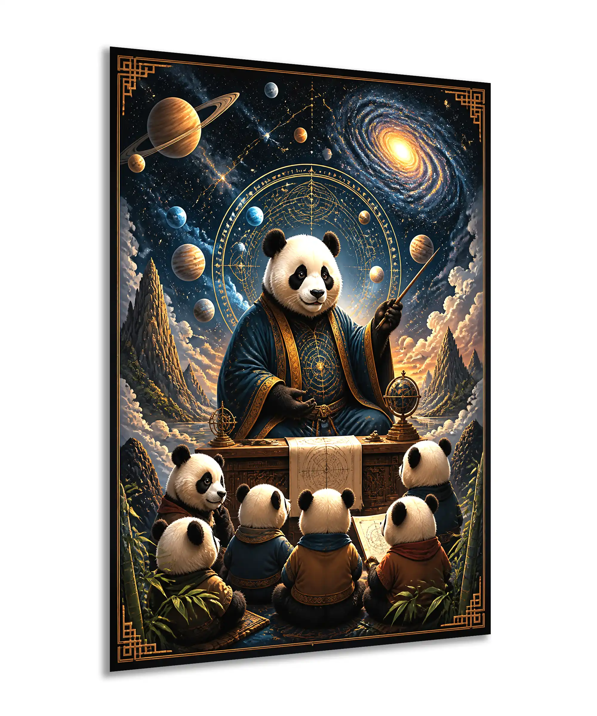 Cosmic Professor Panda Poster 2 painting Angled view of panda professor astronomy poster with baby pandas, celestial charts, and galaxy sky in a detailed fantasy art style