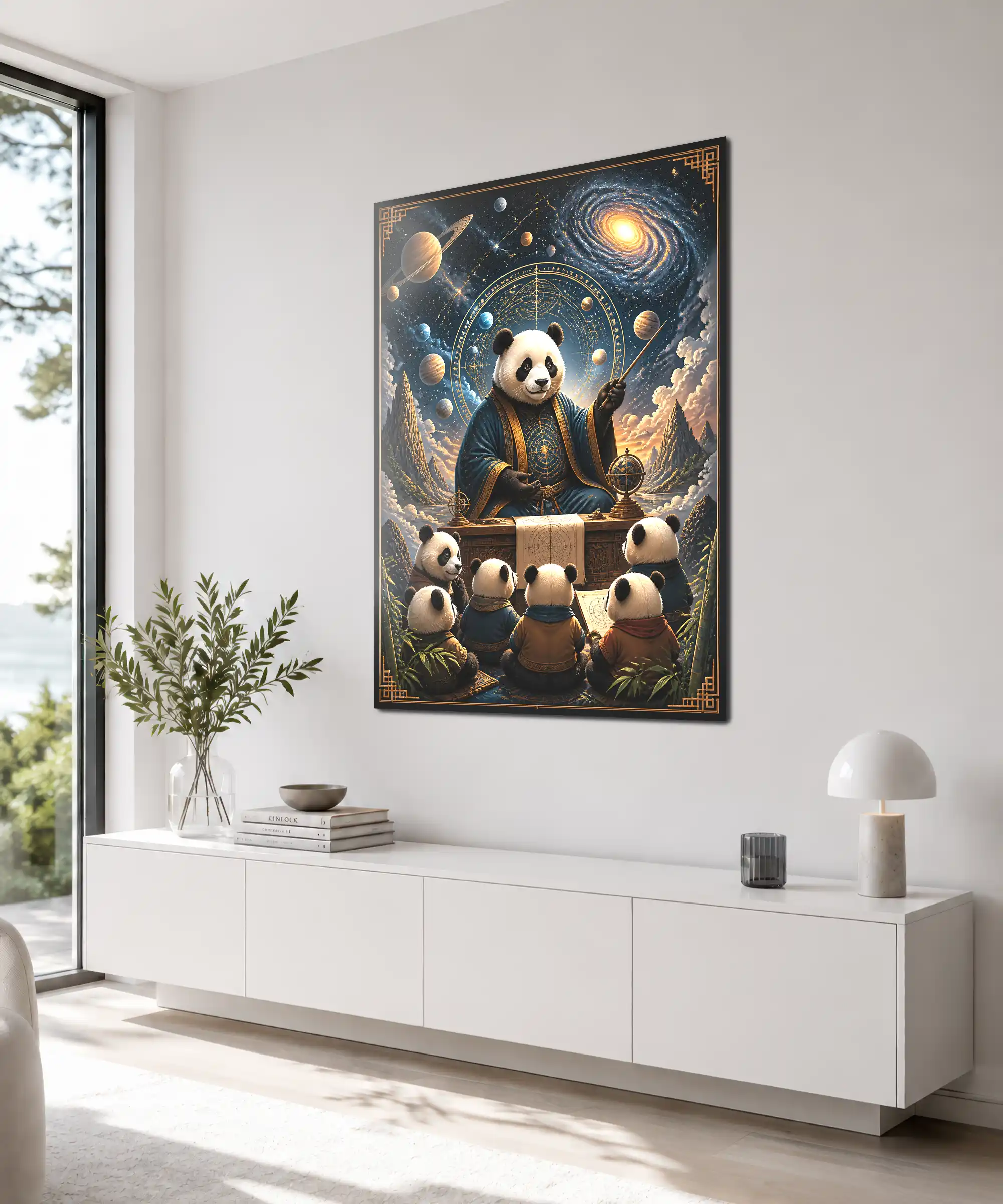 Cosmic Professor Panda Poster 4 painting Angled framed panda professor galaxy classroom poster styled above furniture in a warm, inviting interior