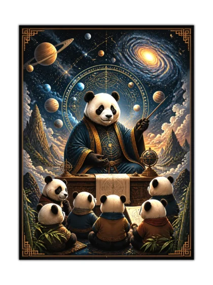 Poster of a robed panda professor teaching baby pandas astronomy beneath a glowing galaxy and planets, fantasy space classroom illustration