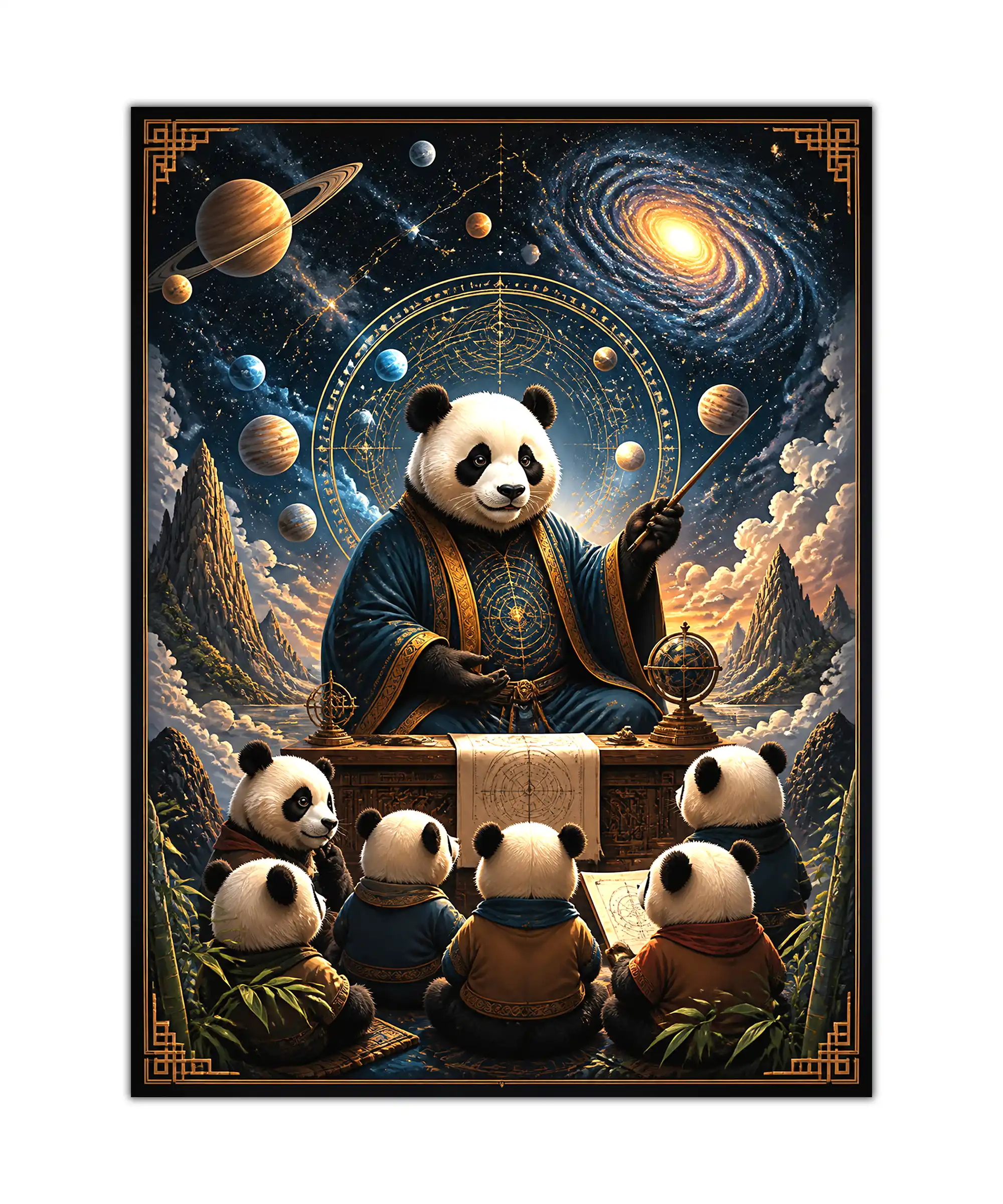 Cosmic Professor Panda Poster 1 painting Poster of a robed panda professor teaching baby pandas astronomy beneath a glowing galaxy and planets, fantasy space classroom illustration