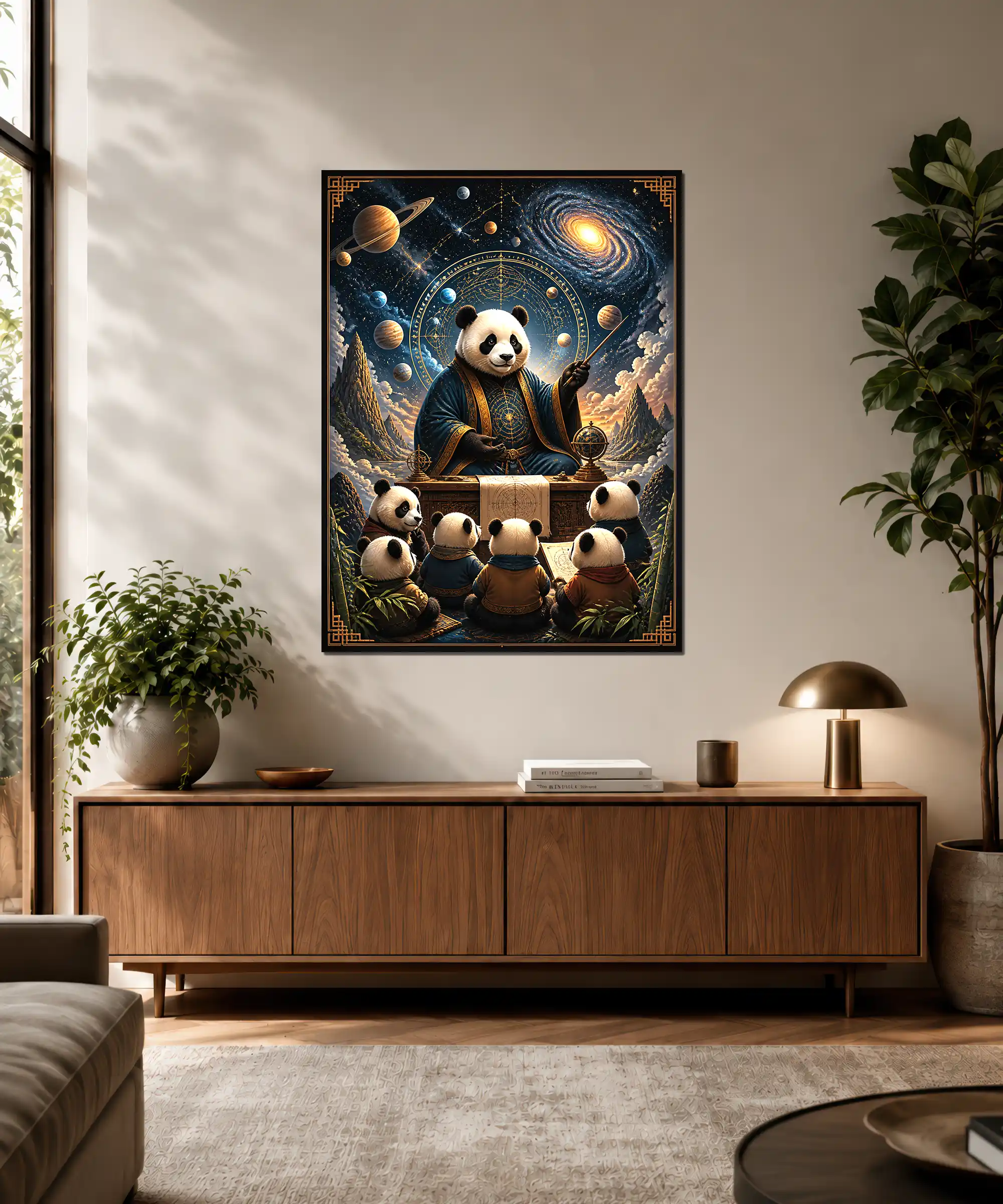 Cosmic Professor Panda Poster 3 painting Framed panda professor astronomy poster hanging in a cozy room, showing baby pandas learning under a dramatic galaxy sky