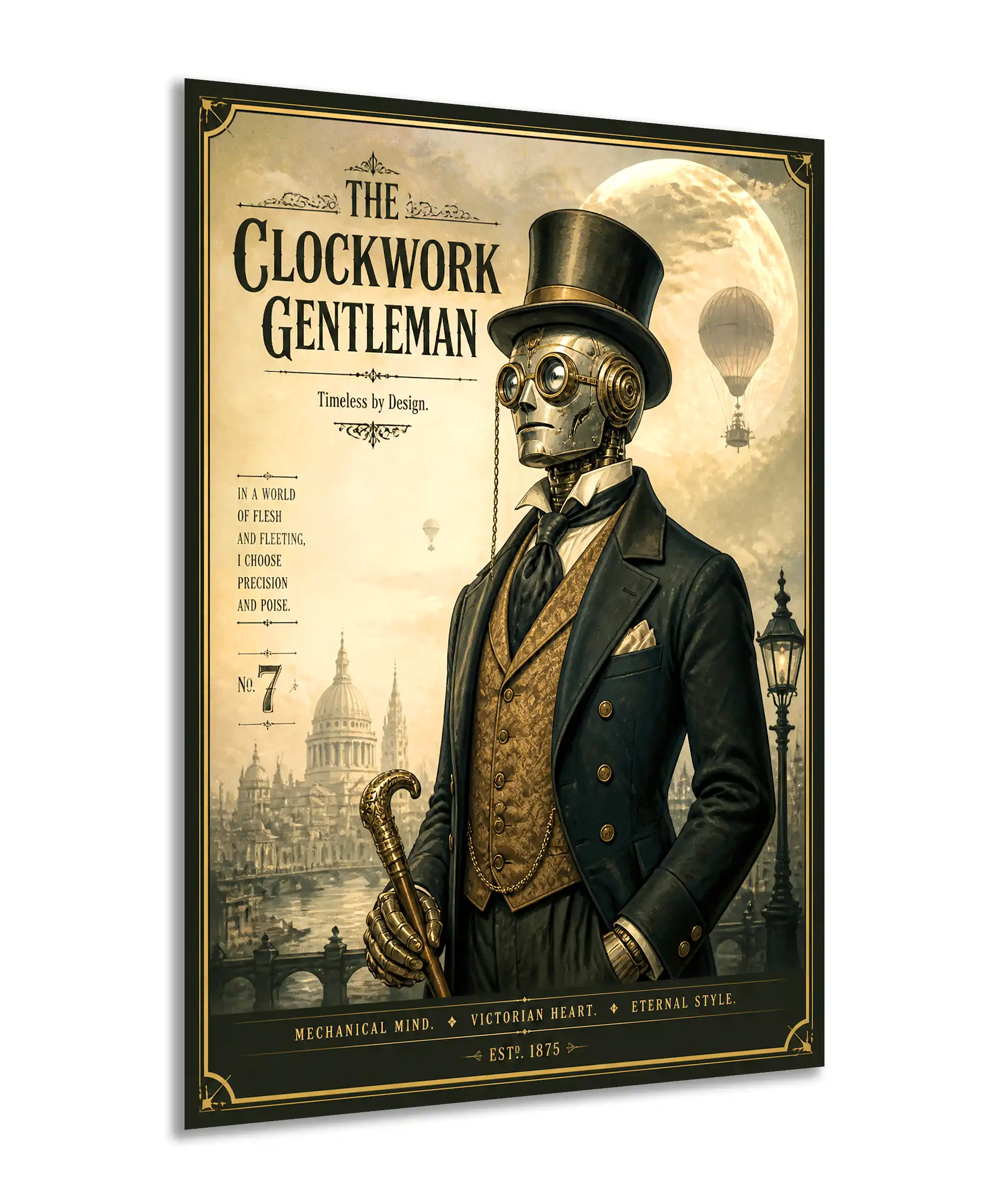 Clockwork Gentleman Robot Poster 2 painting Angled view of steampunk robot gentleman poster with vintage Victorian city background