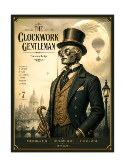 Victorian steampunk robot gentleman poster with brass details, city skyline, and airships on a clean background