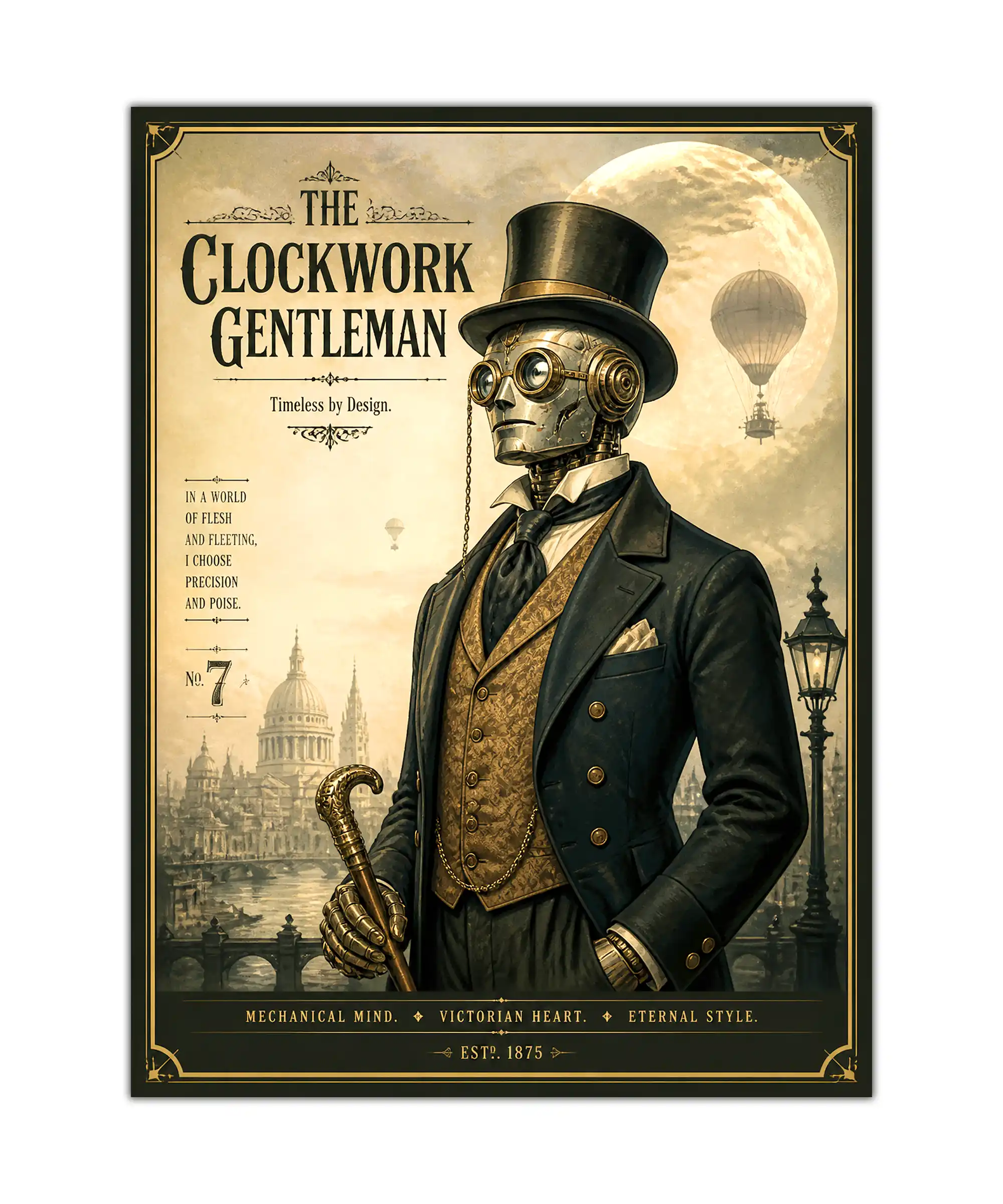 Clockwork Gentleman Robot Poster 1 painting Victorian steampunk robot gentleman poster with brass details, city skyline, and airships on a clean background