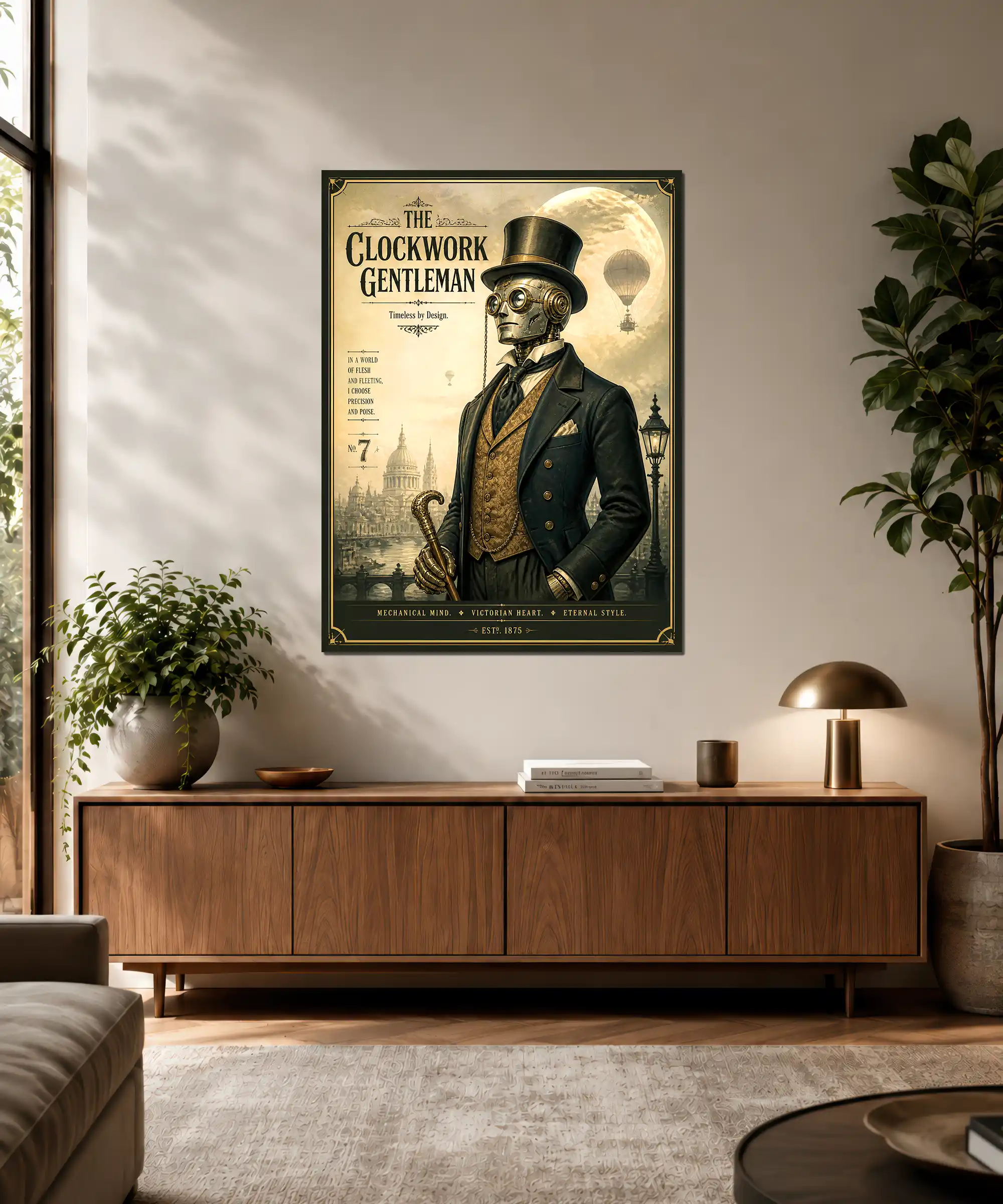 Clockwork Gentleman Robot Poster 3 painting Clockwork Gentleman steampunk robot poster framed on a wall in a moody home office interior
