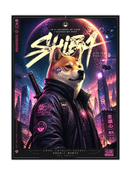 Cyberpunk Shiba Inu dog poster with katana and neon sci fi city background, front view wall art print on a plain backdrop.