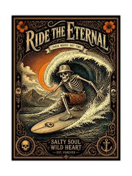 Vintage-style poster of a skeleton surfer riding a giant wave at sunset with ornate nautical frame, shown front-facing on a clean background.