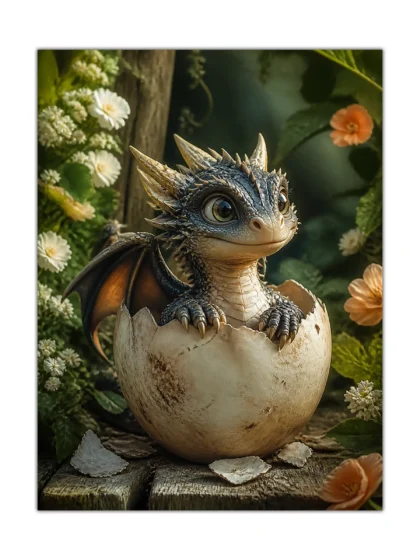 Cute baby dragon hatching from a cracked egg, detailed fantasy dragon poster art on a clean background.