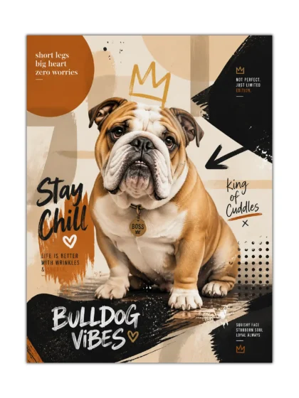 Front view of a bulldog vibes poster showing a crowned bulldog on beige abstract brush textures with bold handwritten text accents.