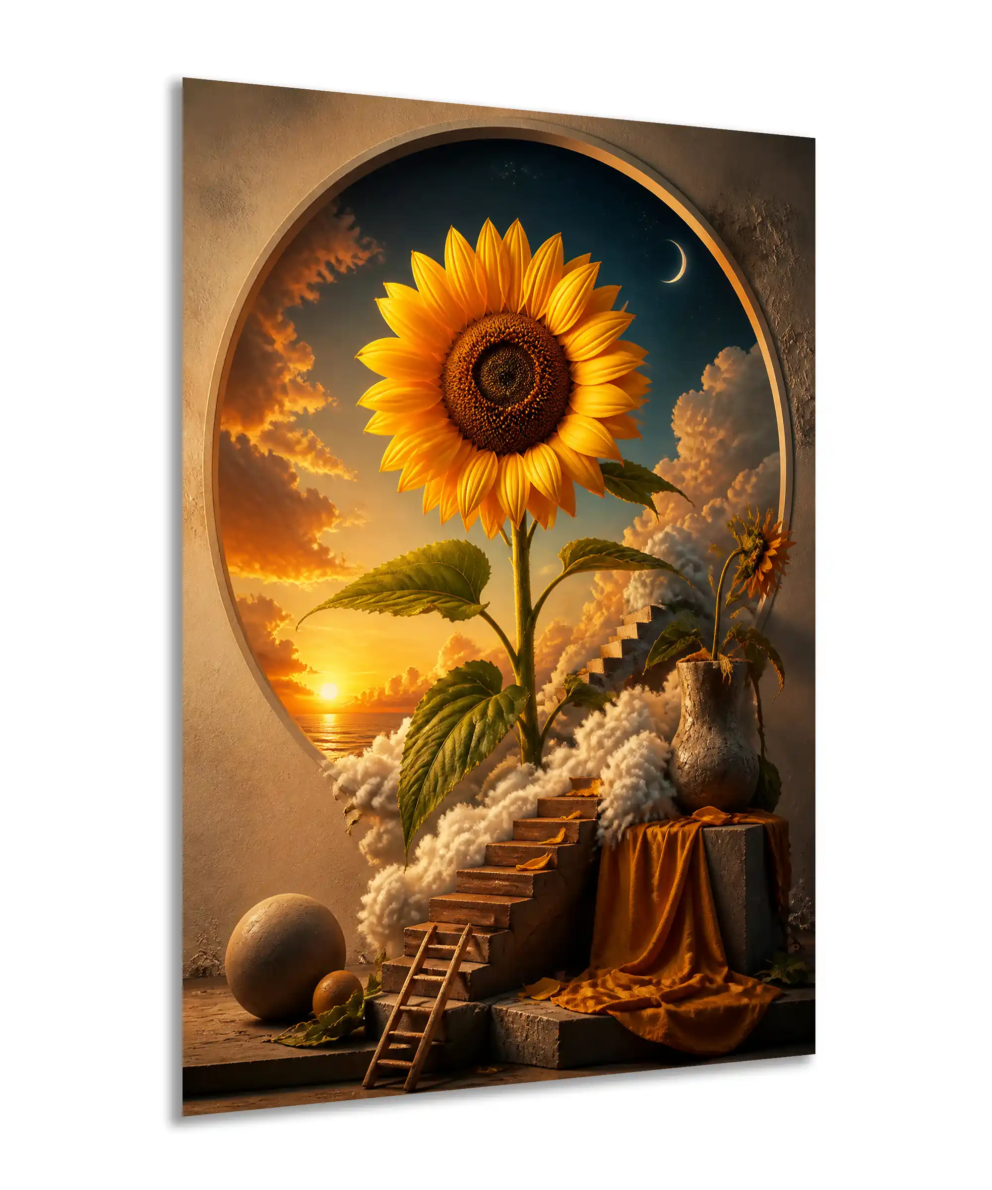 Celestial Bloom Sunflower Poster 2 painting Angled view of surreal sunflower poster featuring giant bloom, clouds, stone steps, and warm sunset sky