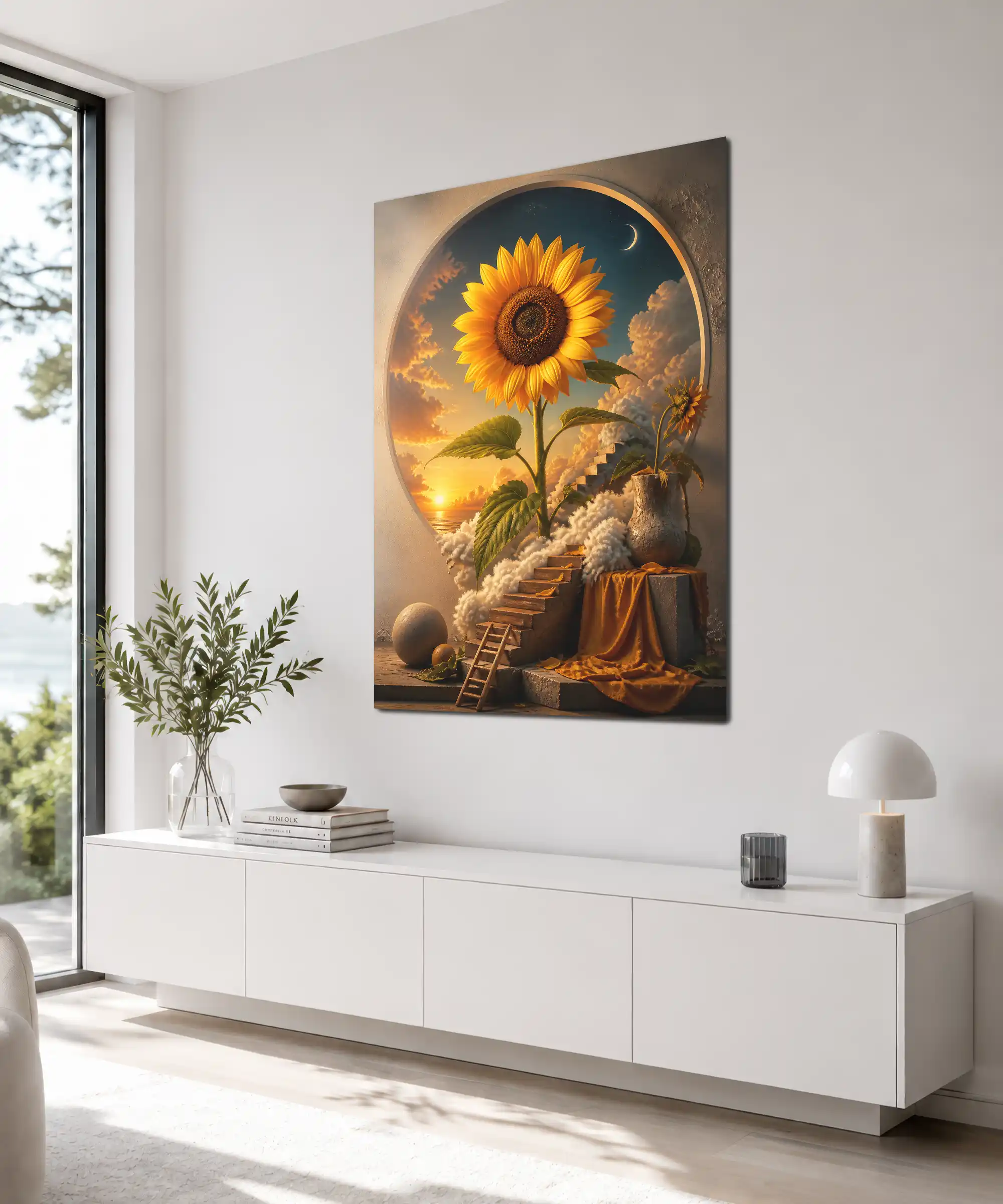 Celestial Bloom Sunflower Poster 4 painting Angled interior view of surreal sunflower poster on wall above decor objects in warm-toned room