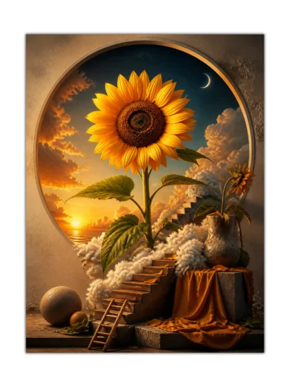 Front view of surreal sunflower poster with giant bloom above clouds, stone stairs, and sunset sky on a clean background