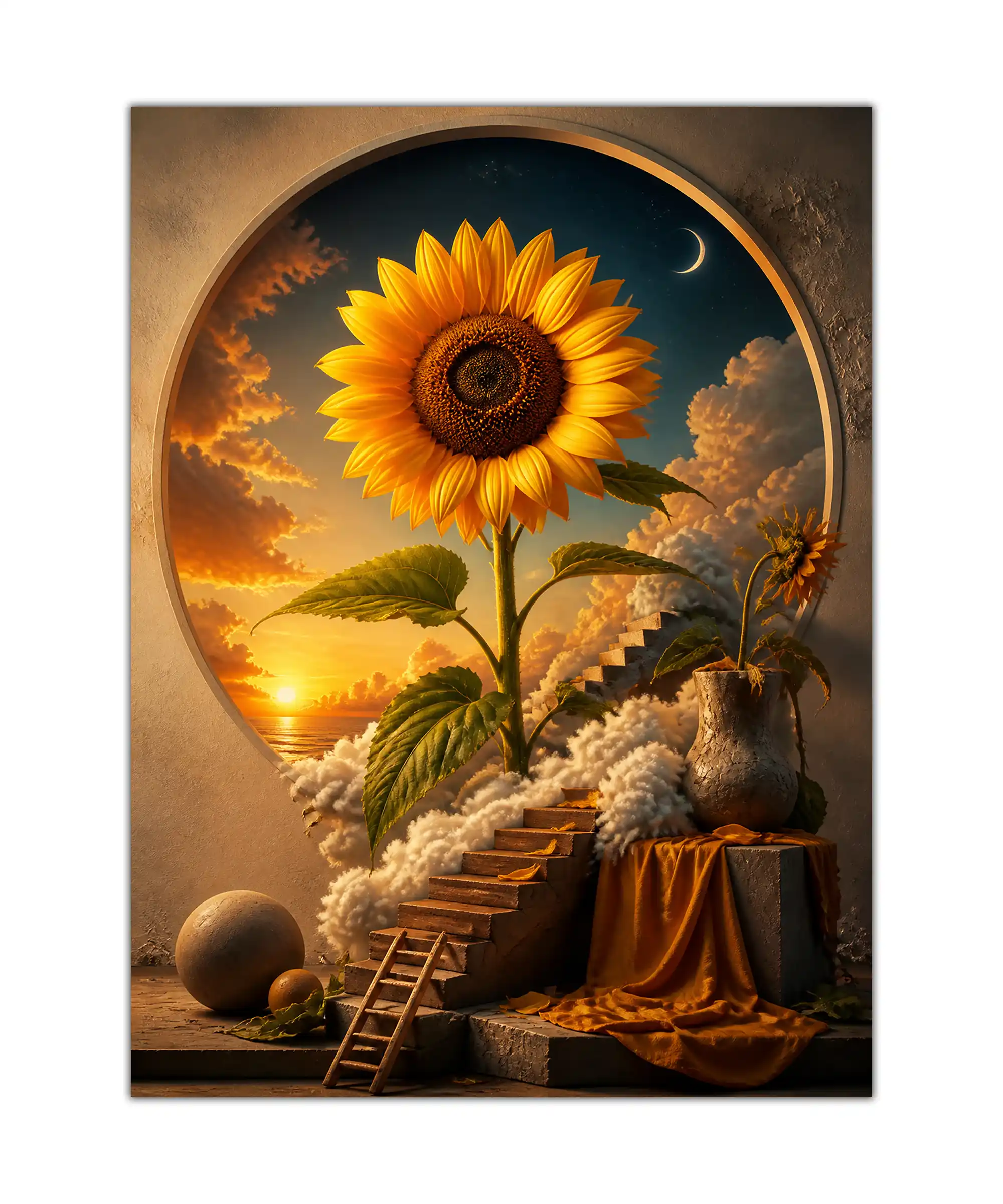 Celestial Bloom Sunflower Poster 1 painting Front view of surreal sunflower poster with giant bloom above clouds, stone stairs, and sunset sky on a clean background