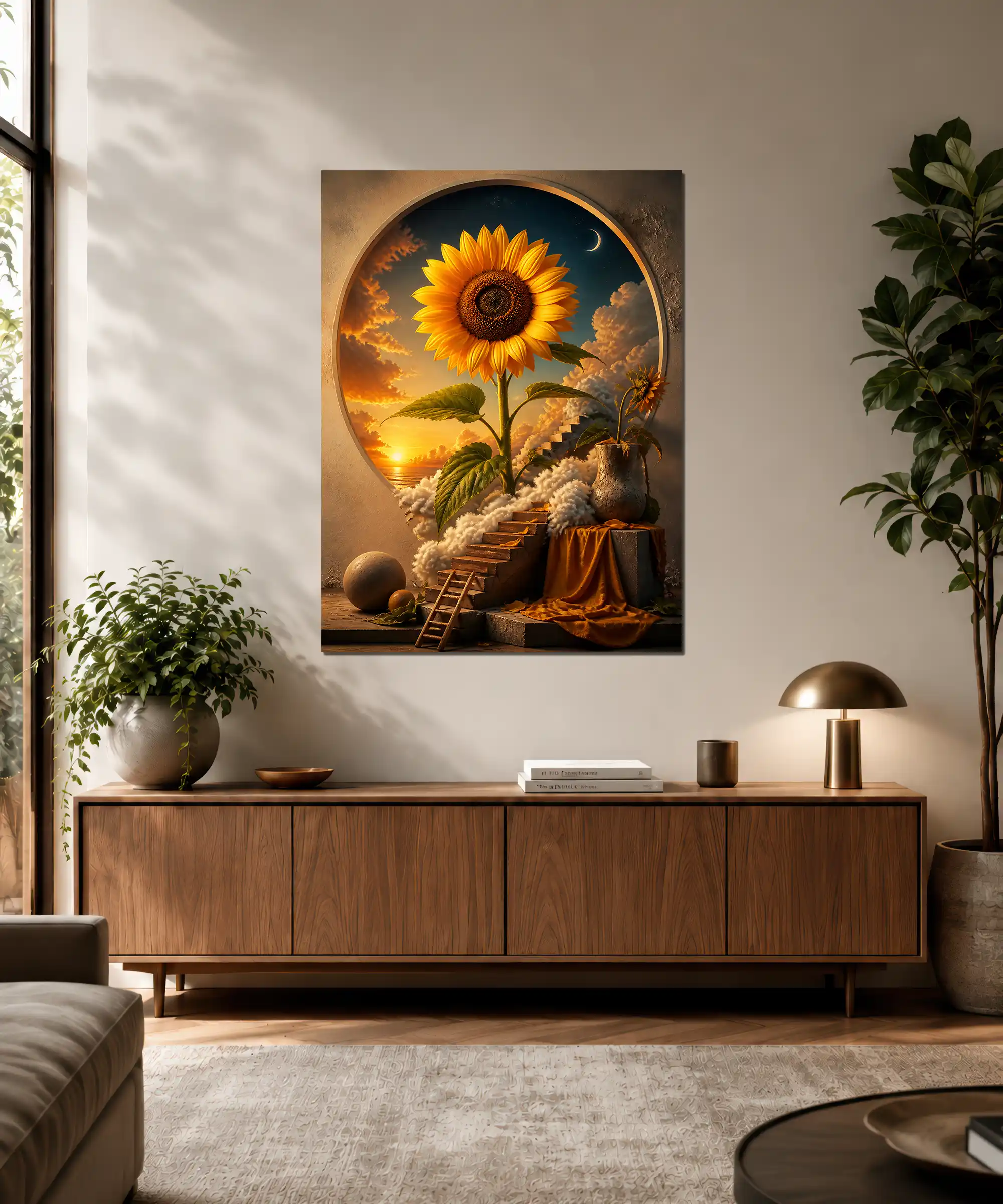Celestial Bloom Sunflower Poster 3 painting Surreal sunflower poster with giant bloom and sunset scene framed on a wall in a cozy interior