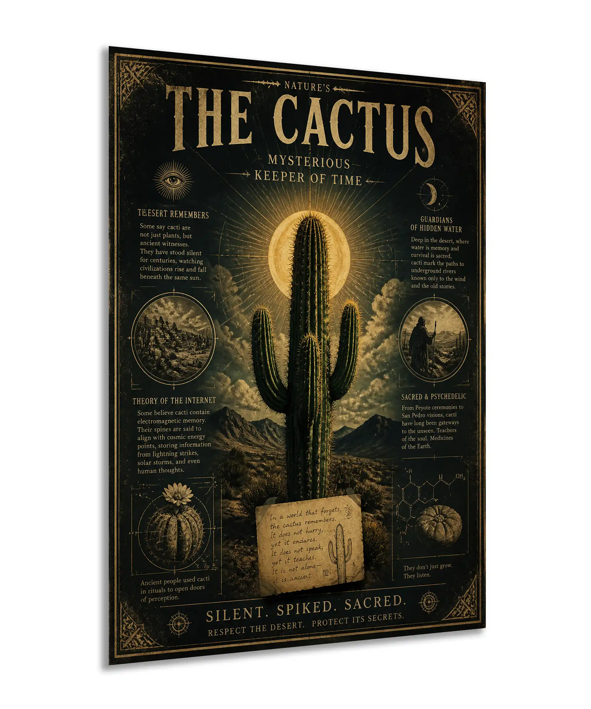 Desert Oracle Cactus Poster 2 painting Angled view of vintage cactus poster with radiant saguaro and mystical desert illustrations on an aged dark background.