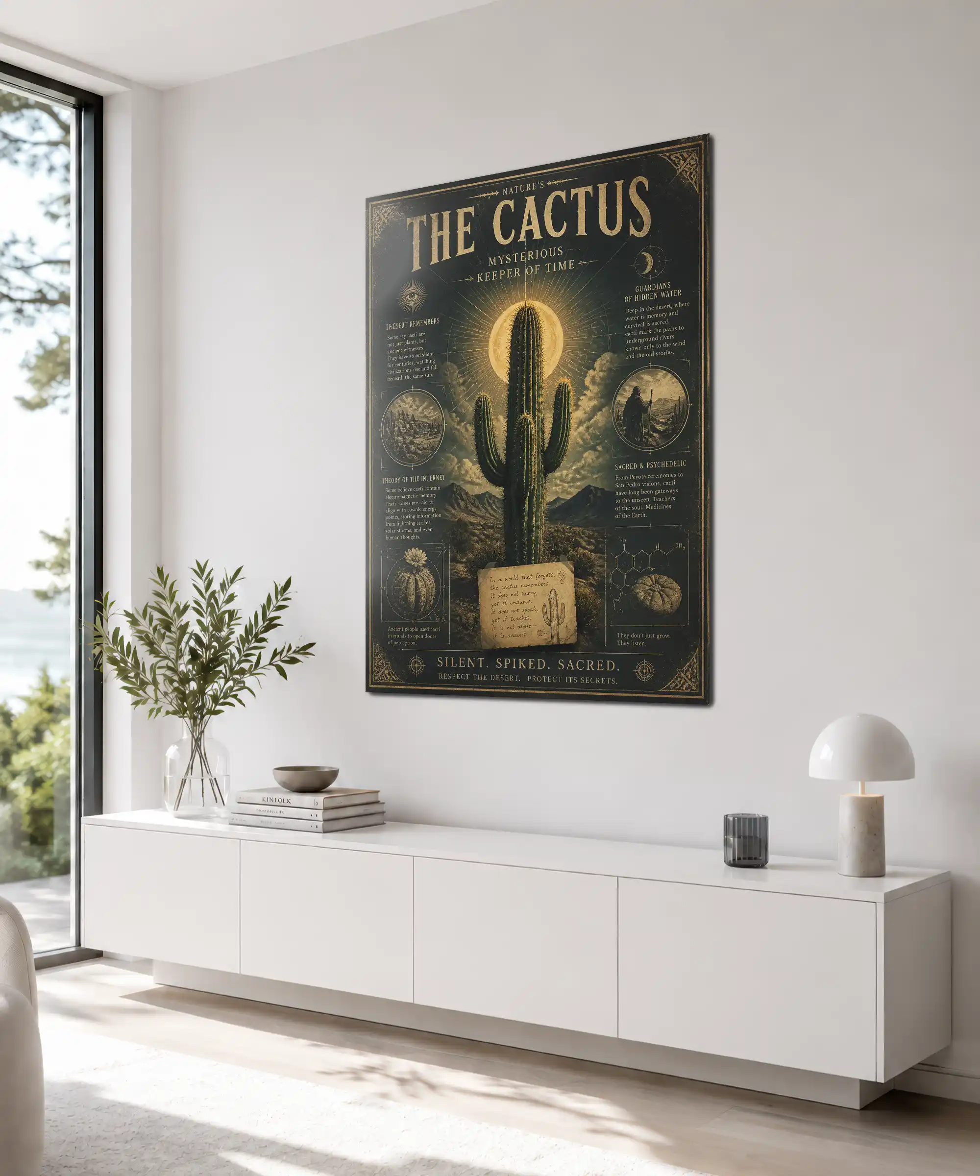 Desert Oracle Cactus Poster 4 painting Angled interior view of framed vintage cactus poster with radiant saguaro above a sideboard or desk.