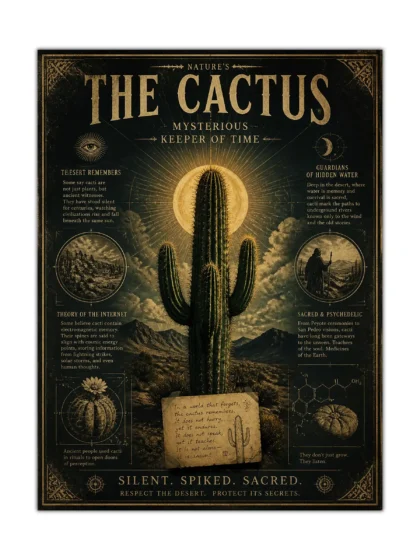 Vintage mystic cactus poster with glowing saguaro and occult desert diagrams on a dark aged background, shown flat from the front.