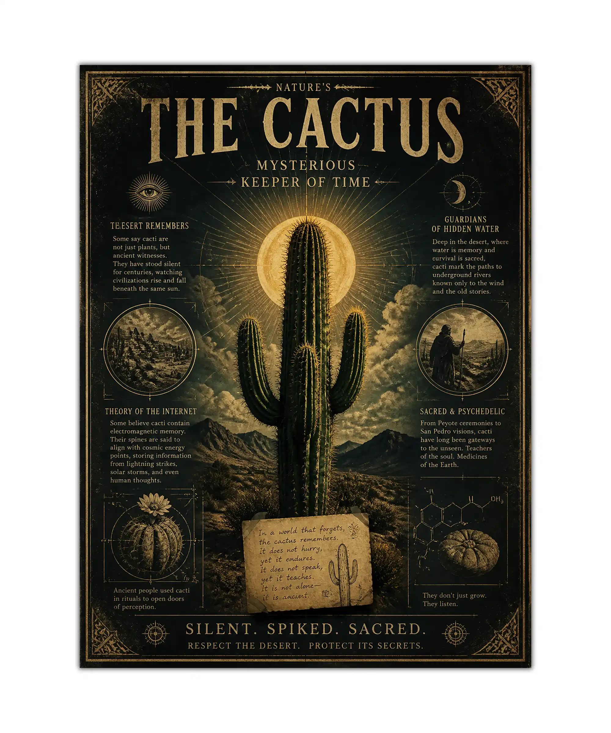 Desert Oracle Cactus Poster 1 painting Vintage mystic cactus poster with glowing saguaro and occult desert diagrams on a dark aged background, shown flat from the front.