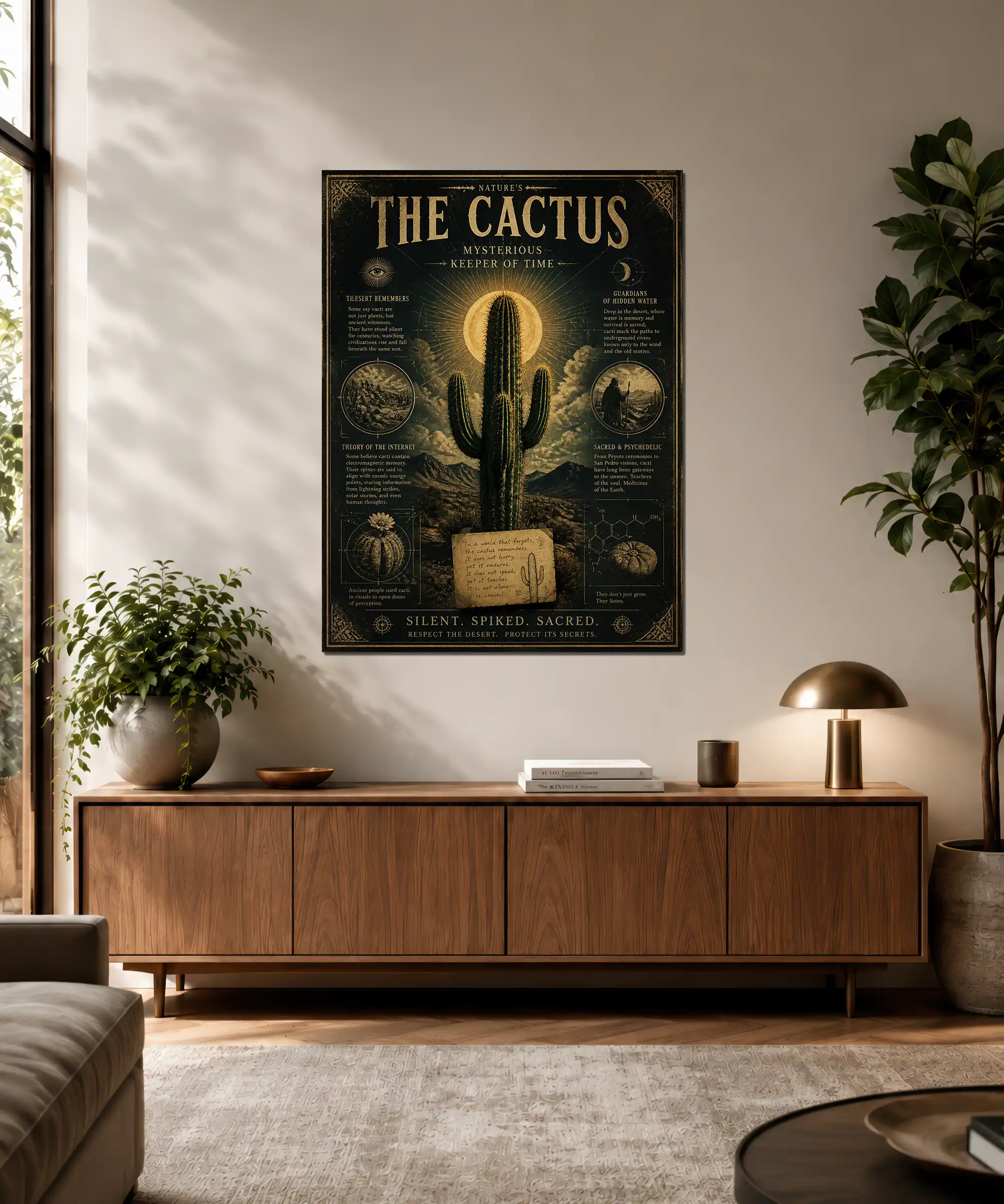 Desert Oracle Cactus Poster 3 painting Framed mystic cactus poster with glowing saguaro hanging on a wall in a cozy living room interior.