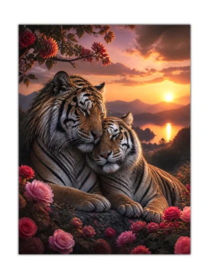 Front view of Twilight Embrace tiger poster showing two cuddling tigers among pink roses at sunset as a vertical wall art print.