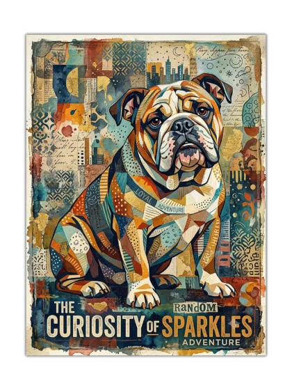 Front view of colorful patchwork bulldog poster with abstract city collage background, displayed flat on a plain studio backdrop.