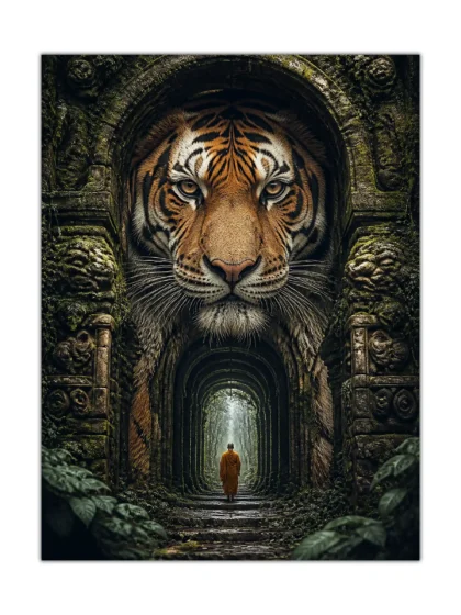 Front view of surreal tiger temple poster with a giant tiger face above a stone arch and a lone monk walking into a jungle tunnel