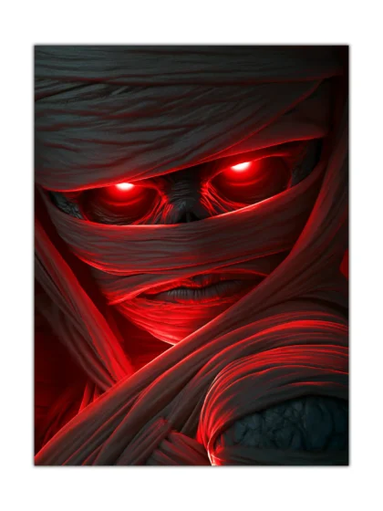 Close-up mummy face poster with glowing red eyes and tight bandages in dramatic red light on a vertical horror wall art print.