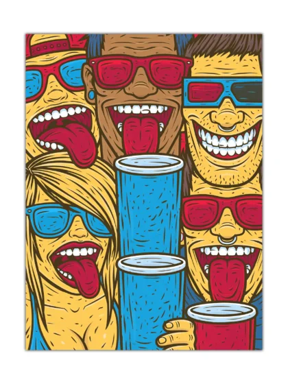 Colorful cartoon party poster showing laughing friends in sunglasses with long tongues and tall drink cups, full front view on a clean background.