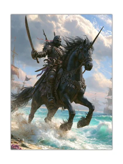 Black Tide Unicorn Warrior poster showing an armored knight on a black unicorn charging through ocean surf on a clean studio background.