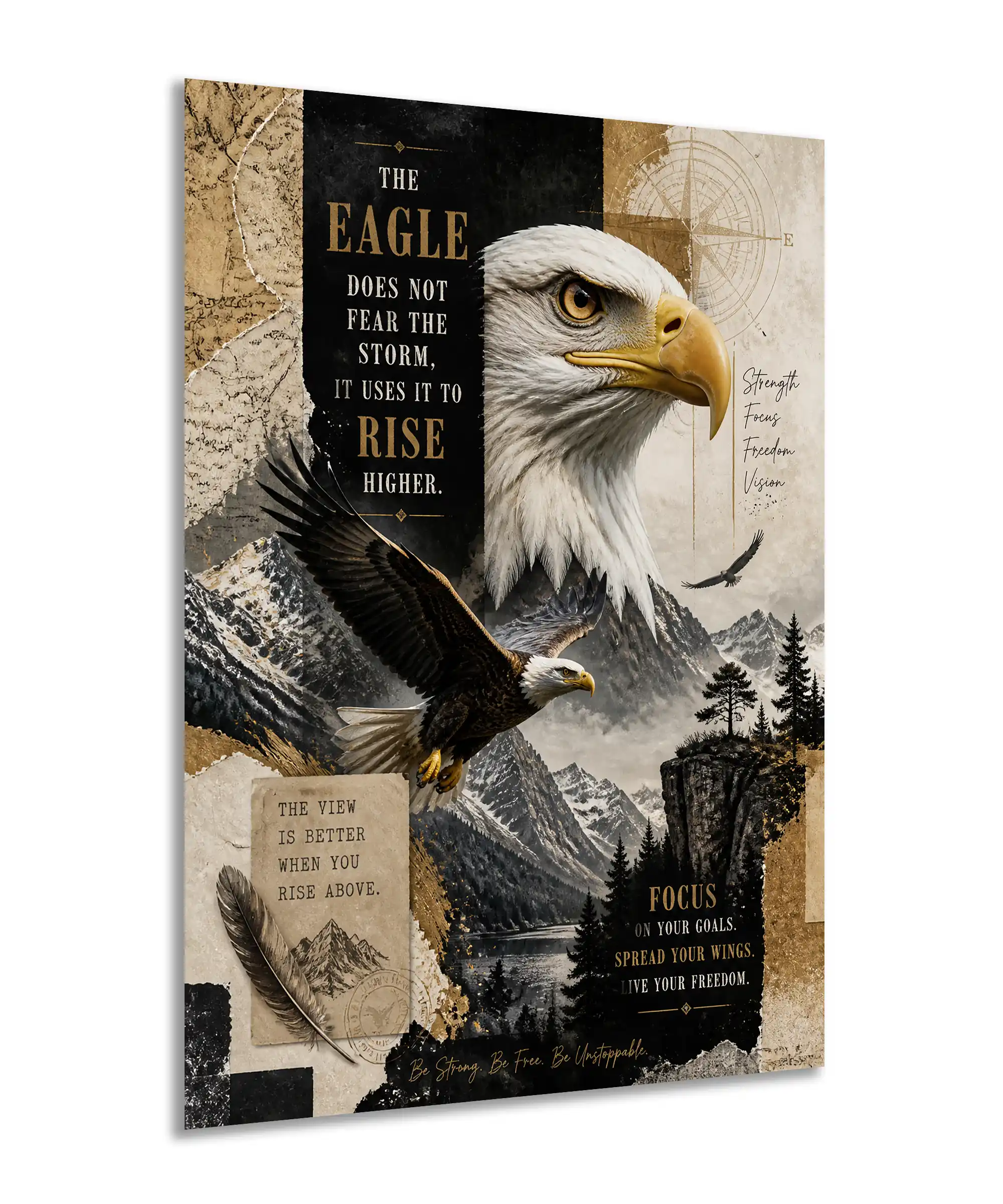 Eagle Motivational Poster 2 painting Angled bald eagle wall poster with mountain landscape and vintage motivational design
