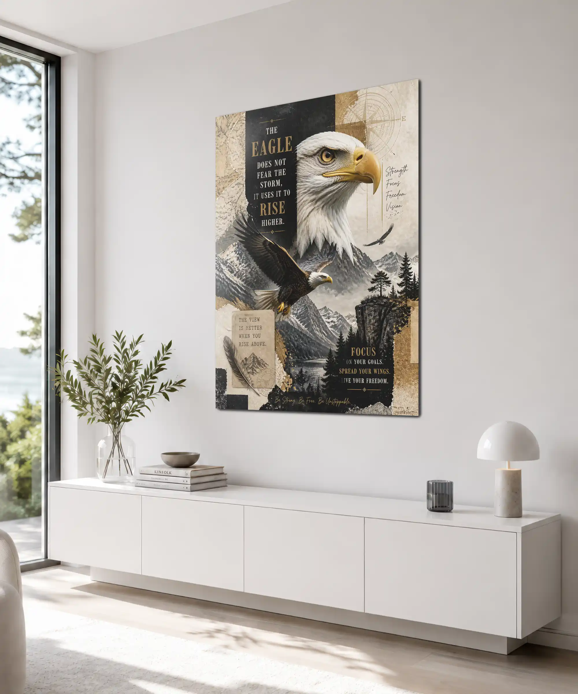 Eagle Motivational Poster 4 painting Angled eagle poster displayed indoors with snowy peaks and freedom-themed artwork