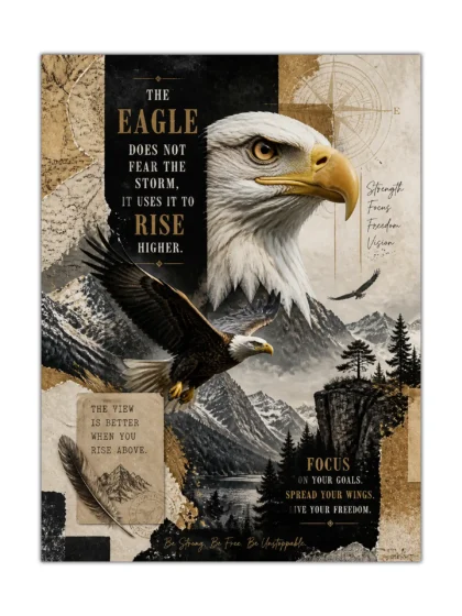 Bald eagle motivational poster soaring above snowy mountains with vintage collage details