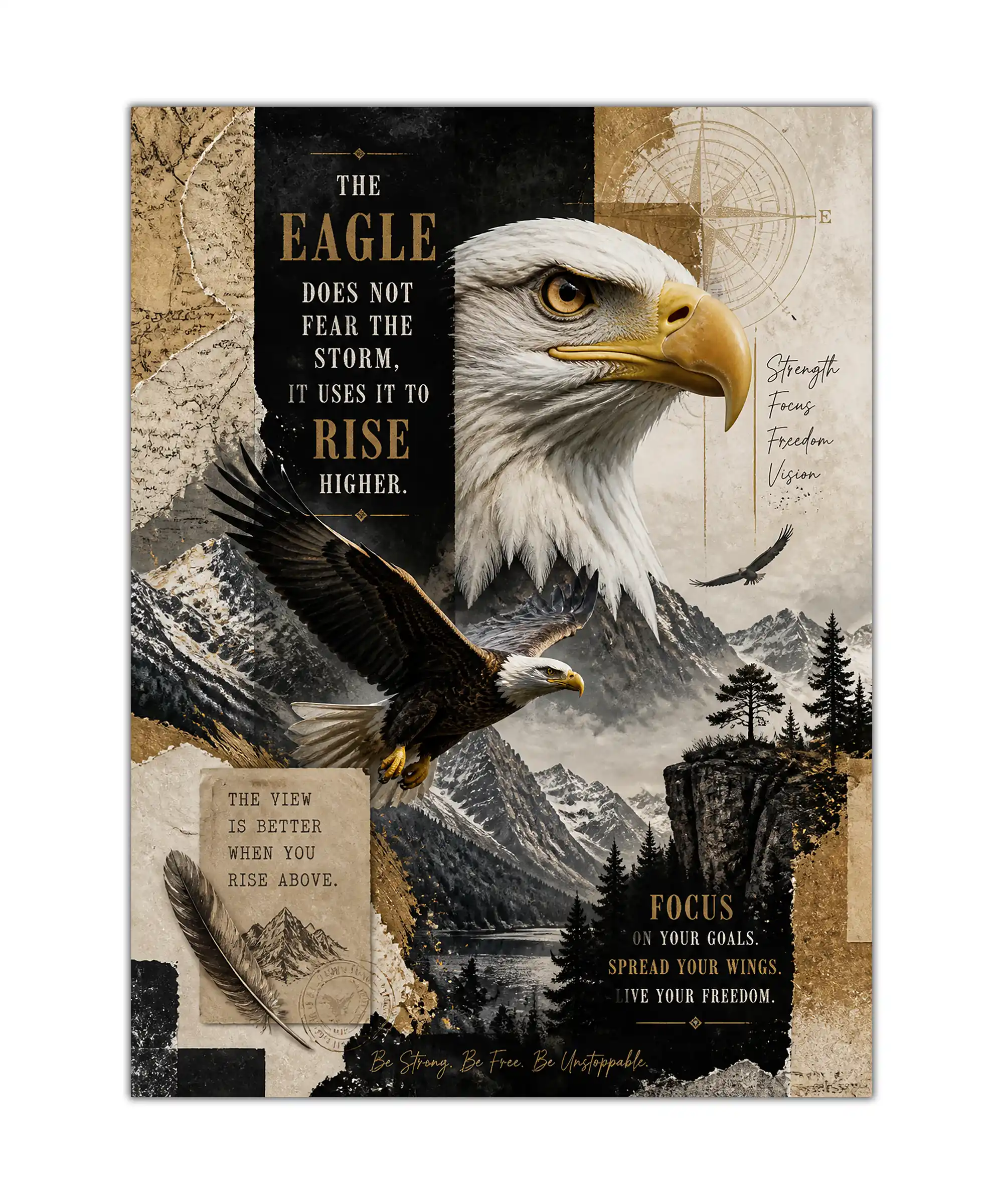 Eagle Motivational Poster 1 painting Bald eagle motivational poster soaring above snowy mountains with vintage collage details