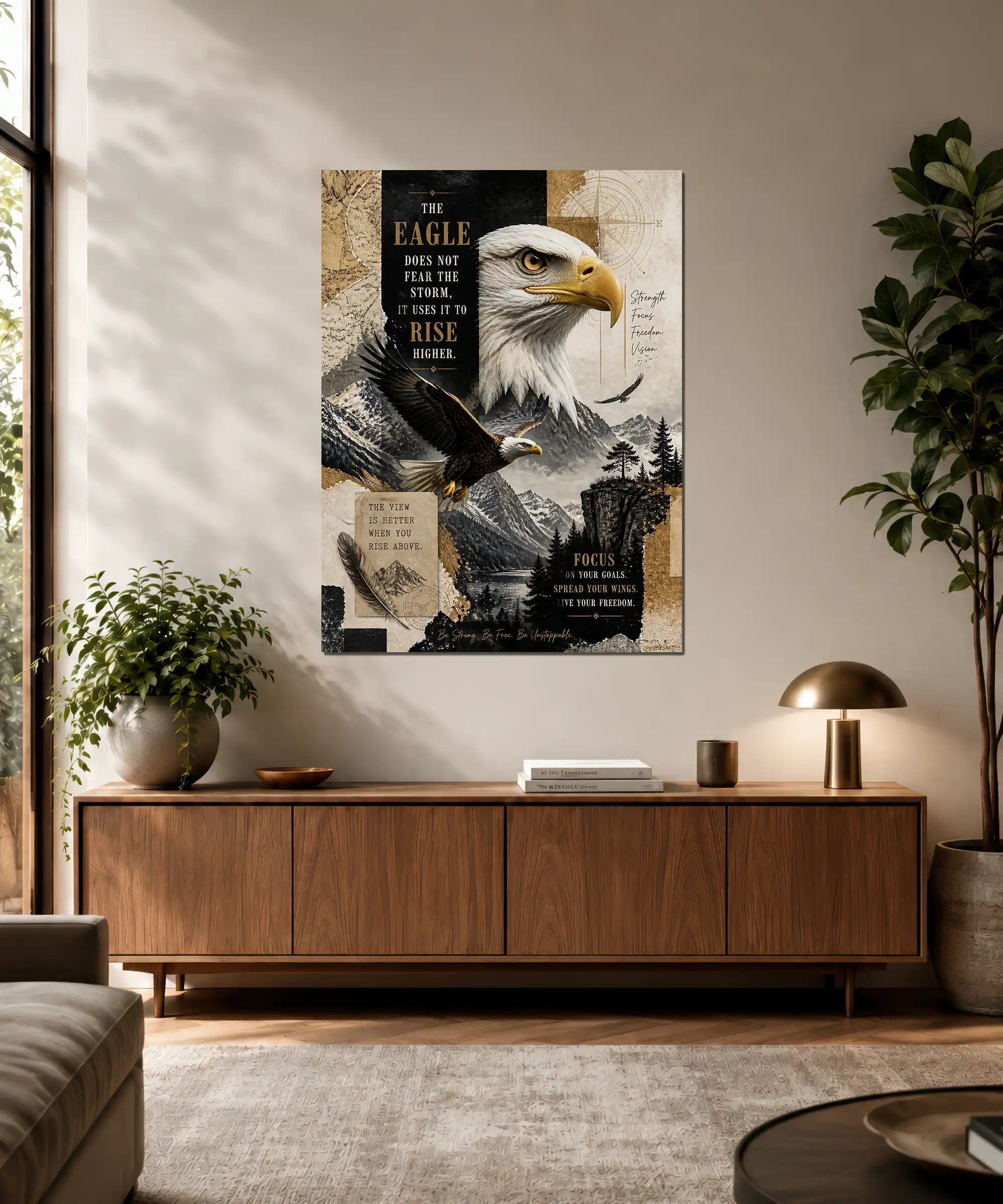 Eagle Motivational Poster 3 painting Bald eagle motivational wall art displayed in an office with mountain collage design