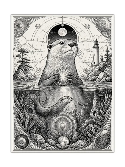 Black-and-white surreal otter poster with compass, lighthouse, moon, and underwater coastal scene