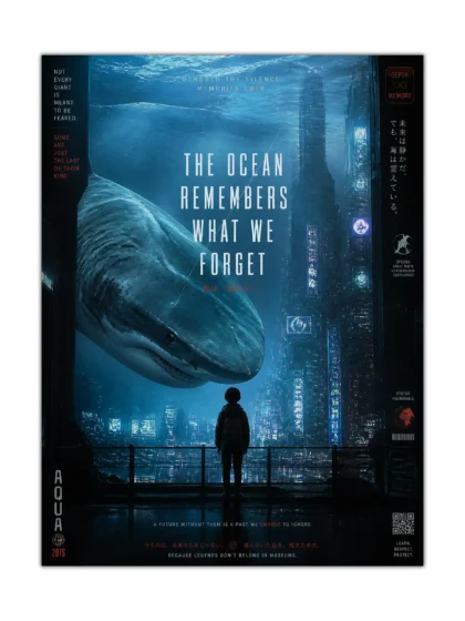 Great white shark swimming above a lone figure in a futuristic underwater city poster