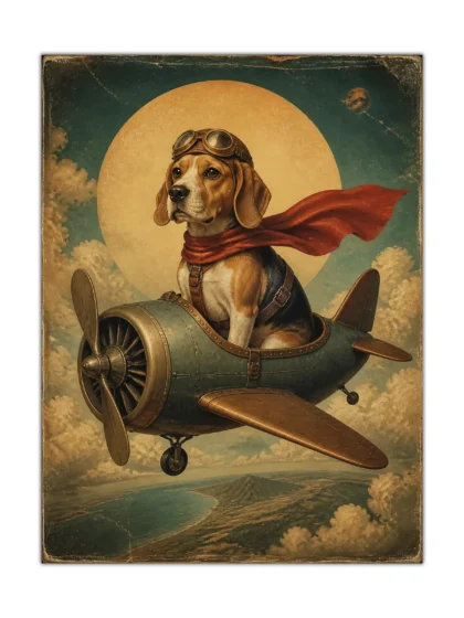 Vintage dog poster showing a goggle-wearing dog piloting a propeller plane above clouds