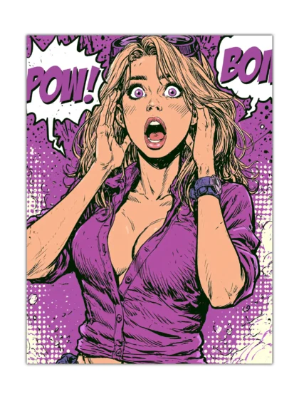 Comic book woman poster showing a startled blonde heroine in vivid purple pop art style
